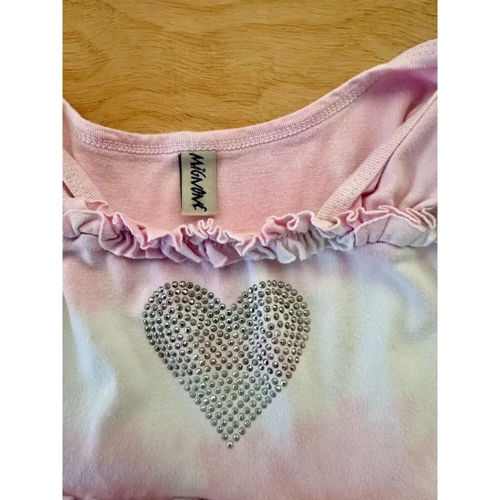 Vintage Girls Tie Dye Dress Rhinestone Heart Ruffle Empire Waist Size 8 Boho